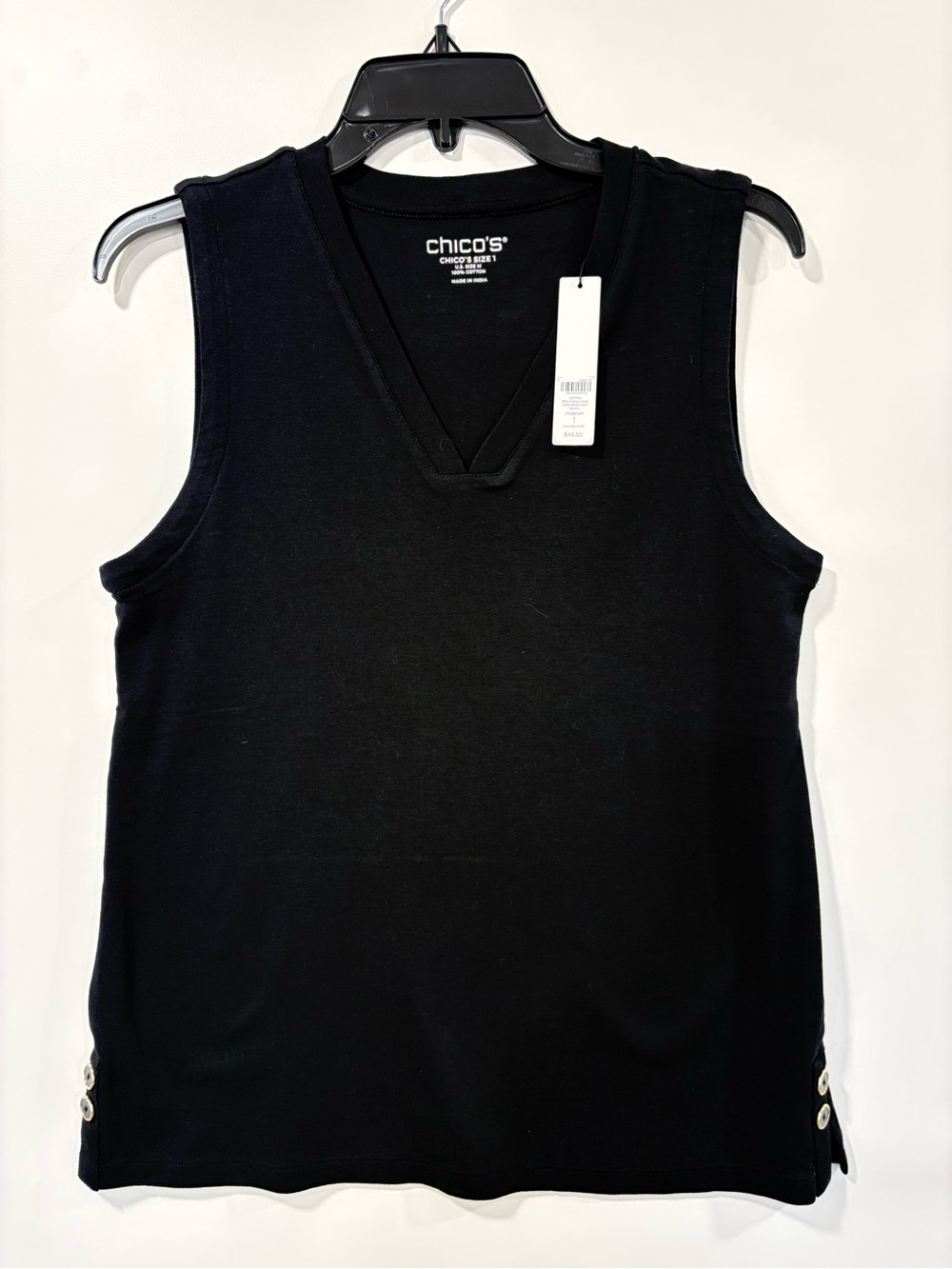 Chico's Black V-Neck Sleeveless Knit Tank with Side Buttons